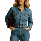 Women’s Blue Long Sleeve Straight Leg Denim Jumpsuit