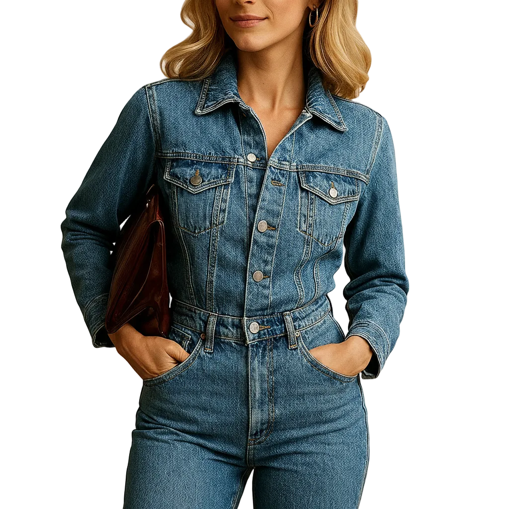 Women’s Blue Long Sleeve Straight Leg Denim Jumpsuit