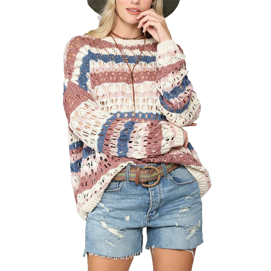 Women’s Hollow Knit Stripe Sweater Loose Fit Pullover