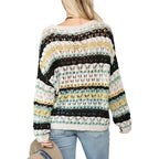 Women’s Hollow Knit Stripe Sweater Loose Fit Pullover