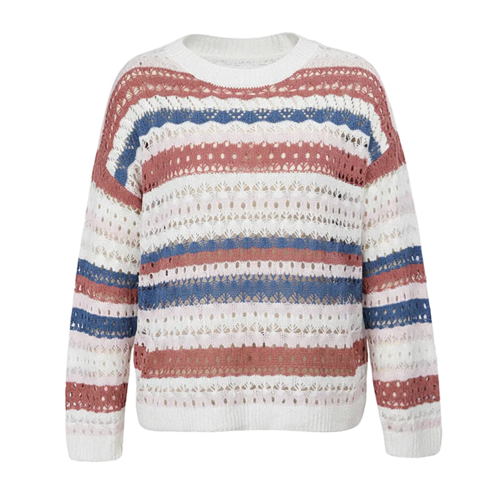 Women’s Hollow Knit Stripe Sweater Loose Fit Pullover