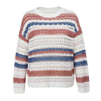 Women’s Hollow Knit Stripe Sweater Loose Fit Pullover
