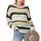 Women’s Hollow Knit Stripe Sweater Loose Fit Pullover