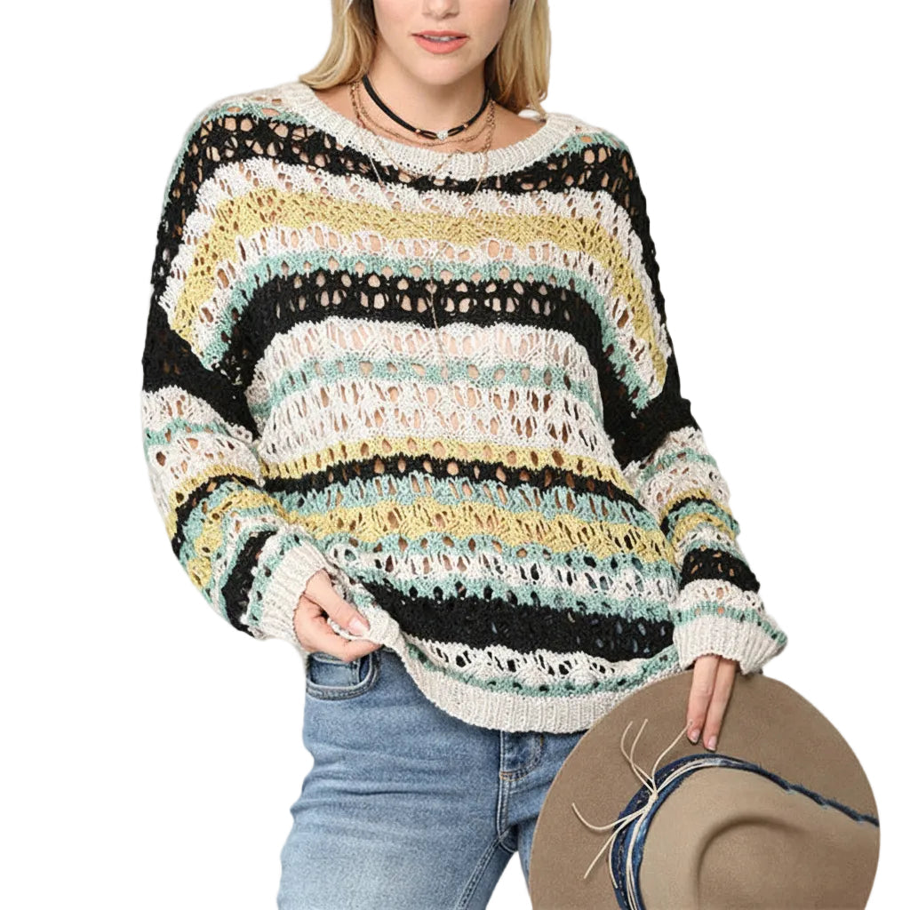 Women’s Hollow Knit Stripe Sweater Loose Fit Pullover