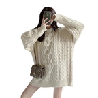 Women’s Loose Twist Knit Mid Length Sweater Pullover