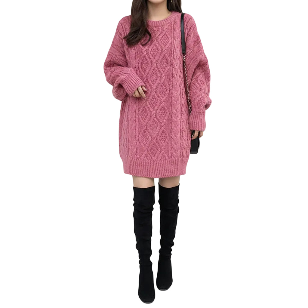 Women’s Loose Twist Knit Mid Length Sweater Pullover