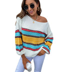 Women’s Off Shoulder Stripe Sweater Lantern Sleeve Pullover