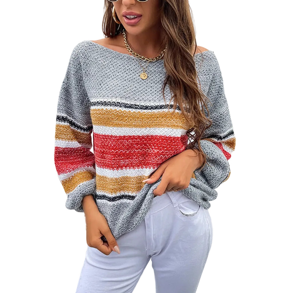Women’s Off Shoulder Stripe Sweater Lantern Sleeve Pullover