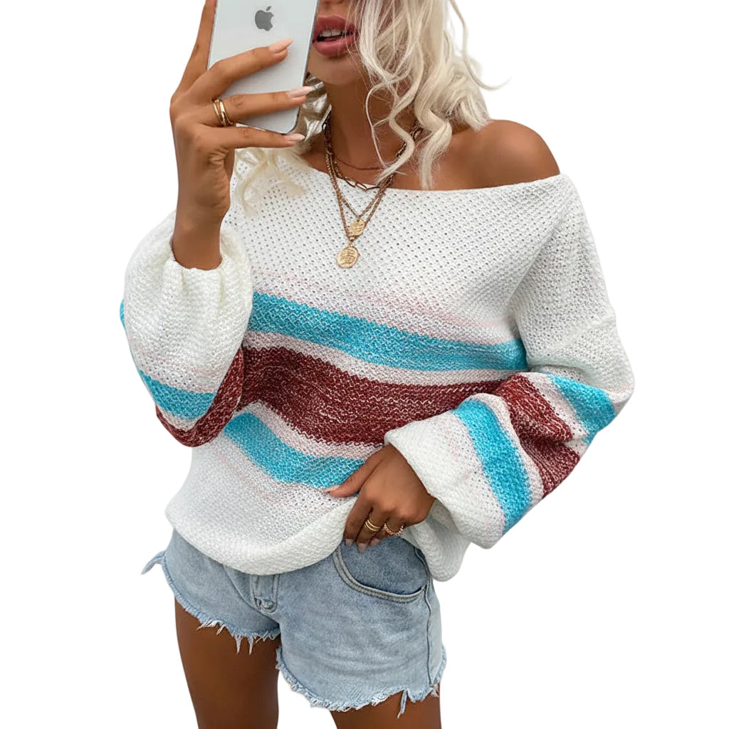 Women’s Off Shoulder Stripe Sweater Lantern Sleeve Pullover