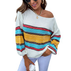 Women’s Off Shoulder Stripe Sweater Lantern Sleeve Pullover
